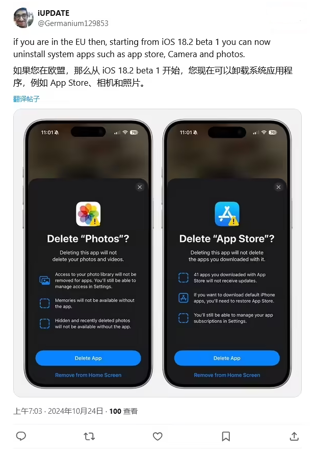 蒋湖农场苹果手机维修分享iOS 18.2 支持删除 App Store 应用商店 