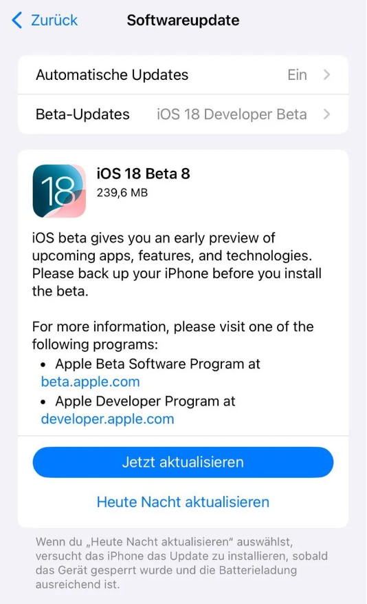 蒋湖农场苹果手机维修分享苹果 iOS / iPadOS 18 开发者预览版 Beta 8 发布 